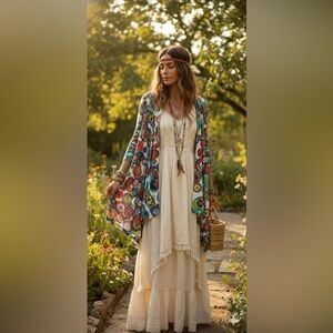 NWT Salaam Sz L Made In USA Colourful Boho Art To Wear Lightweight Kimono